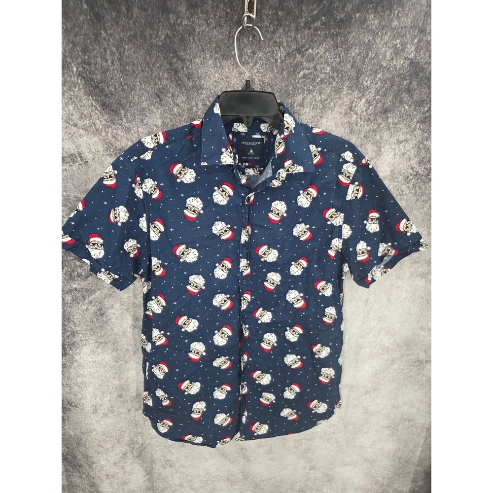 Denim & Flower Ricky Singh Shirt Mens Medium Blue Santa Christmas Holiday